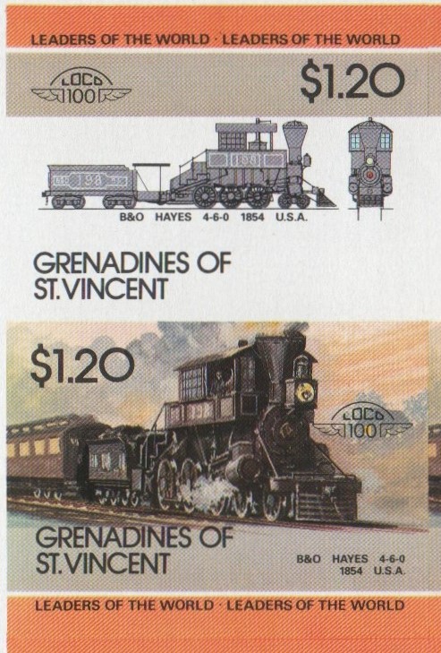 Saint Vincent Grenadines Locomotives (5th series) $1.20 1854 B&O Hayes 4-6-0 Final Stage Progressive Color Proof Stamp Pair