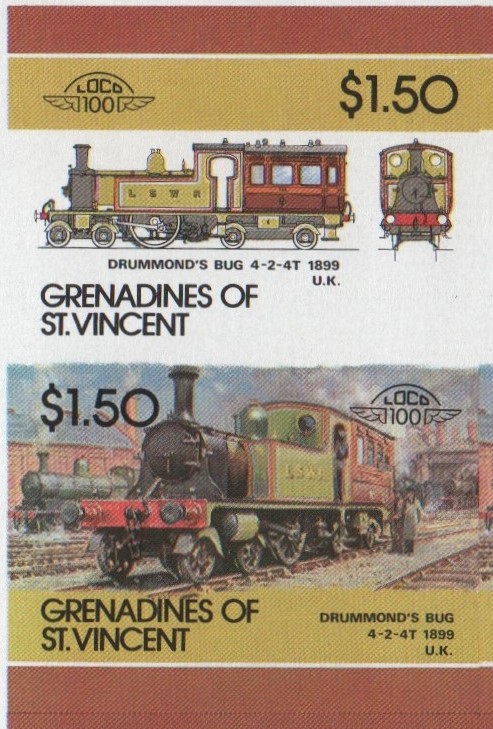 Saint Vincent Grenadines Locomotives (6th series) $1.50 1899 Drummond's Bug 4-2-4T Final Stage Progressive Color Proof Stamp Pair