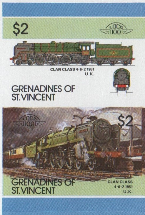 Saint Vincent Grenadines Locomotives (6th series) $2.00 1951 Clan Class 4-6-2 Locomotive Final Stage Progressive Color Proof Stamp Pair