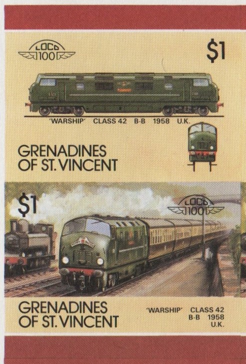 Saint Vincent Grenadines Locomotives (7th series) $1.00 1958 'Warship' Class 42 B-B Final Stage Progressive Color Proof Stamp Pair