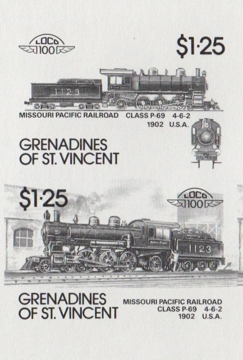 Saint Vincent Grenadines Locomotives (7th series) $1.25 Black Stage Progressive Color Proof Pair
