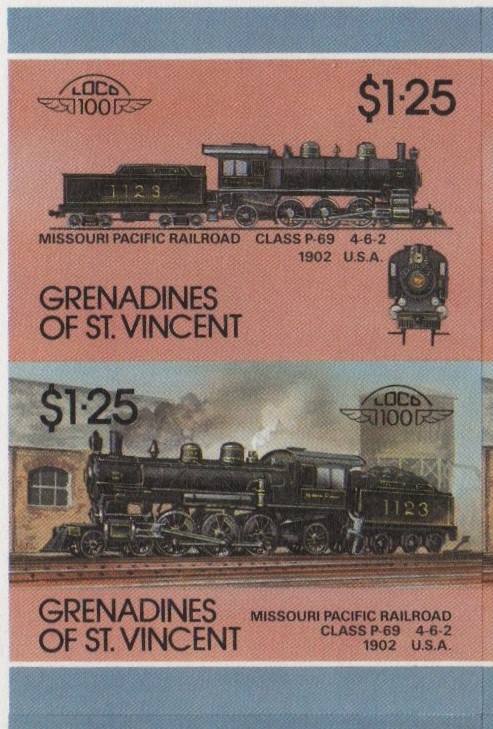Saint Vincent Grenadines Locomotives (7th series) $1.25 1902 Missouri Pacific Railroad Class P-69 4-6-2 Final Stage Progressive Color Proof Stamp Pair