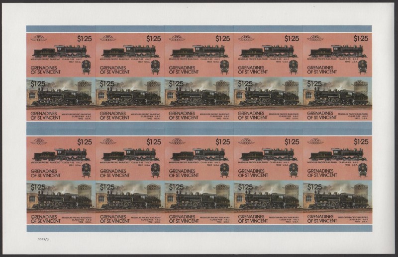 Saint Vincent Grenadines Locomotives (7th series) $1.25 1902 Missouri Pacific Railroad Class P-69 4-6-2 Final Stage Progressive Color Proof Stamp Pane