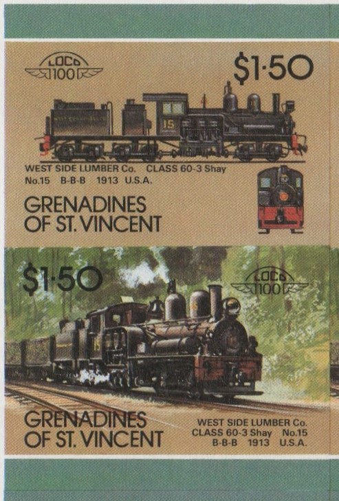 Saint Vincent Grenadines Locomotives (7th series) $1.50 1913 West Side Lumber Co. Class 60-3 Shay No. 15 B-B-B Final Stage Progressive Color Proof Stamp Pair