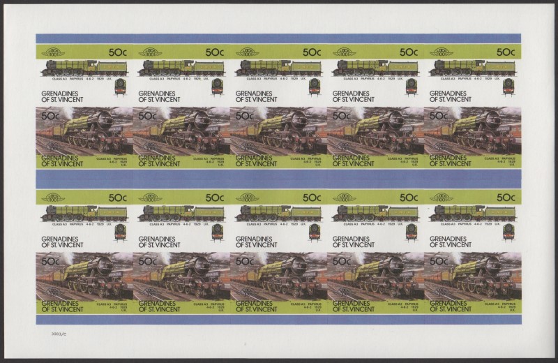 Saint Vincent Grenadines Locomotives (7th series) 50c 1929 Class A3 Papyrus 4-6-2 Final Stage Progressive Color Proof Stamp Pane