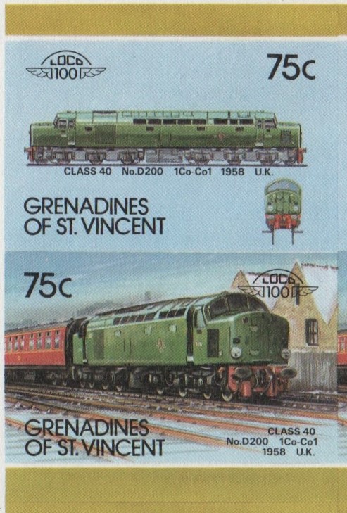 Saint Vincent Grenadines Locomotives (7th series) 75c 1958 Class 40 No. D200 1Co-Co1 Final Stage Progressive Color Proof Stamp Pair