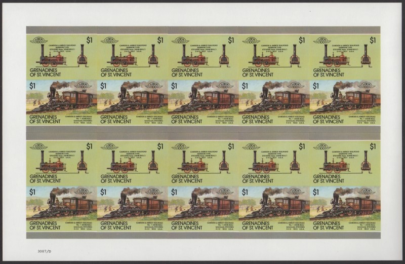 Saint Vincent Grenadines Locomotives (8th series) $1.00 1831 Camden & Amboy Railroad No. 1 'John Bull' (previously Stevens) 4-2-0 Final Stage Progressive Color Proof Stamp Pane