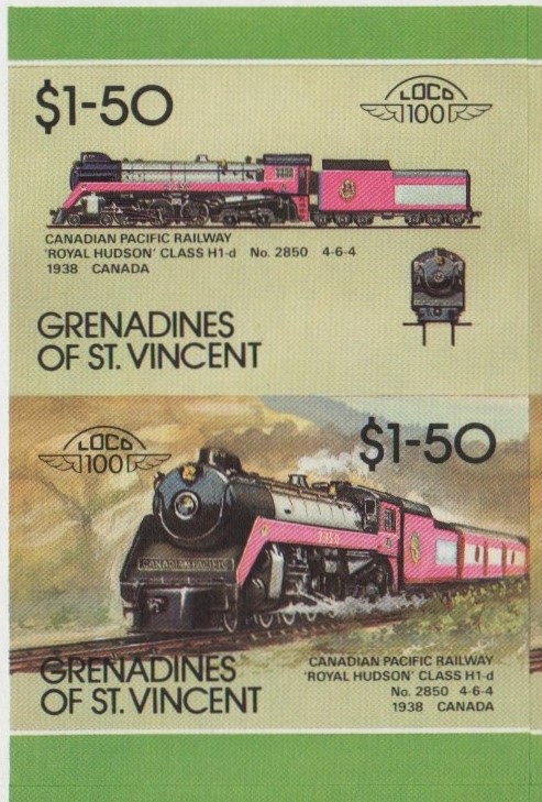 Saint Vincent Grenadines Locomotives (8th series) $1.50 1938 Canadian Pacific Railway 'Royal Hudson' Class H1-d No. 2850 4-6-4 Final Stage Missing Blue Error Progressive Color Proof Stamp Pair