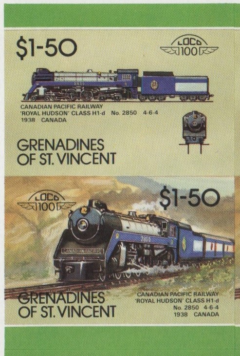 Saint Vincent Grenadines Locomotives (8th series) $1.50 1938 Canadian Pacific Railway 'Royal Hudson' Class H1-d No. 2850 4-6-4 Final Stage Progressive Color Proof Stamp Pair