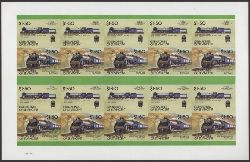 Saint Vincent Grenadines Locomotives (8th series) $1.50 1938 Canadian Pacific Railway 'Royal Hudson' Class H1-d No. 2850 4-6-4 Final Stage Progressive Color Proof Stamp Pane