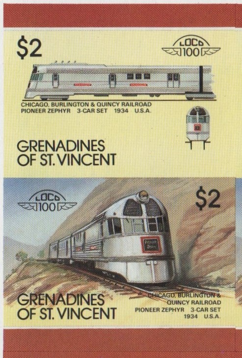 Saint Vincent Grenadines Locomotives (8th series) $2.00 1934 Chicago, Burlington & Quincy Railroad Pioneer Zephyr 3-Car Set Final Stage Progressive Color Proof Stamp Pair
