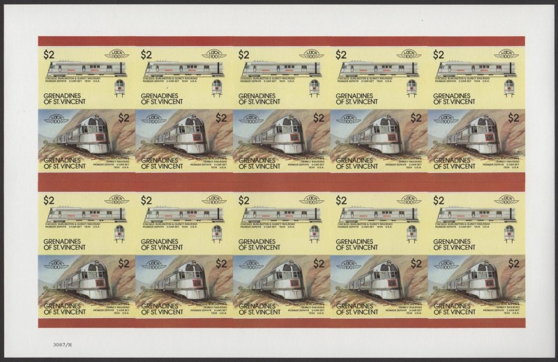 Saint Vincent Grenadines Locomotives (8th series) $2.00 1934 Chicago, Burlington & Quincy Railroad Pioneer Zephyr 3-Car Set Final Stage Progressive Color Proof Stamp Pane