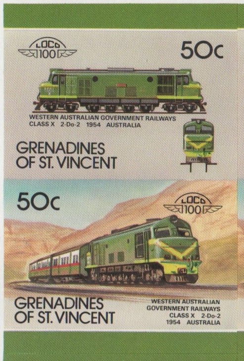 Saint Vincent Grenadines Locomotives (8th series) 50c 1954 Western Australian Government Railways Class X 2-Do-2 Final Stage Missing Red Error Progressive Color Proof Stamp Pair