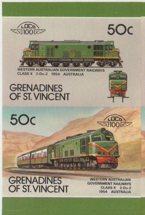 Saint Vincent Grenadines Locomotives (8th series) 50c 1954 Western Australian Government Railways Class X 2-Do-2 Final Stage Progressive Color Proof Stamp Pair
