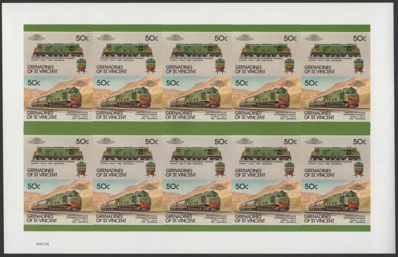 Saint Vincent Grenadines Locomotives (8th series) 50c 1954 Western Australian Government Railways Class X 2-Do-2 Final Stage Progressive Color Proof Stamp Pane