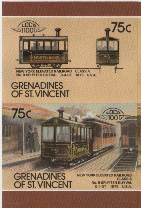 Saint Vincent Grenadines Locomotives (8th series) 75c 1875 New York Elevated Railroad Class A No. 9 Spuyten Duyval 0-4-0T Final Stage Progressive Color Proof Stamp Pair