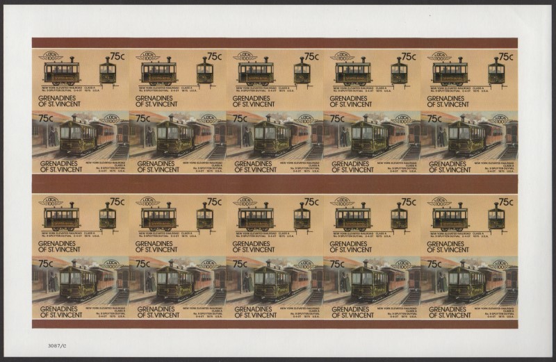 Saint Vincent Grenadines Locomotives (8th series) 75c 1875 New York Elevated Railroad Class A No. 9 Spuyten Duyval 0-4-0T Final Stage Progressive Color Proof Stamp Pane