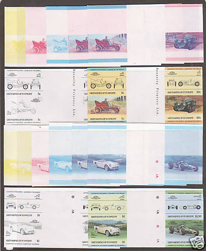 1985 Saint Vincent Grenadines Leaders of the World, Automobiles (2nd series) Progressive Color Proof Gutter Pair Stamp Sets