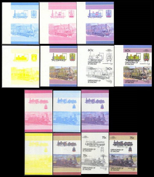 1986 Saint Vincent Grenadines Leaders of the World, Locomotives (6th series) 60c and 75c Progressive Color Proof Stamp Sets