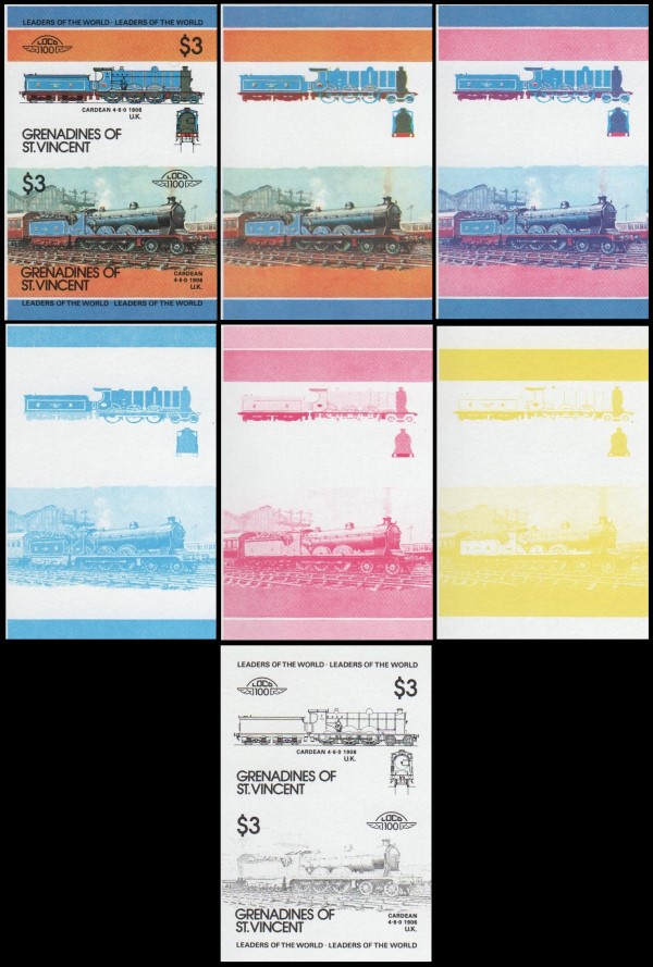 1984 Saint Vincent Grenadines Leaders of the World, Locomotives (2nd series) Progressive Color Proof Stamps