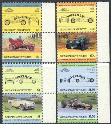 1985 Saint Vincent Grenadines Leaders of the World, Automobiles (2nd series) SPECIMEN Overprinted Stamps