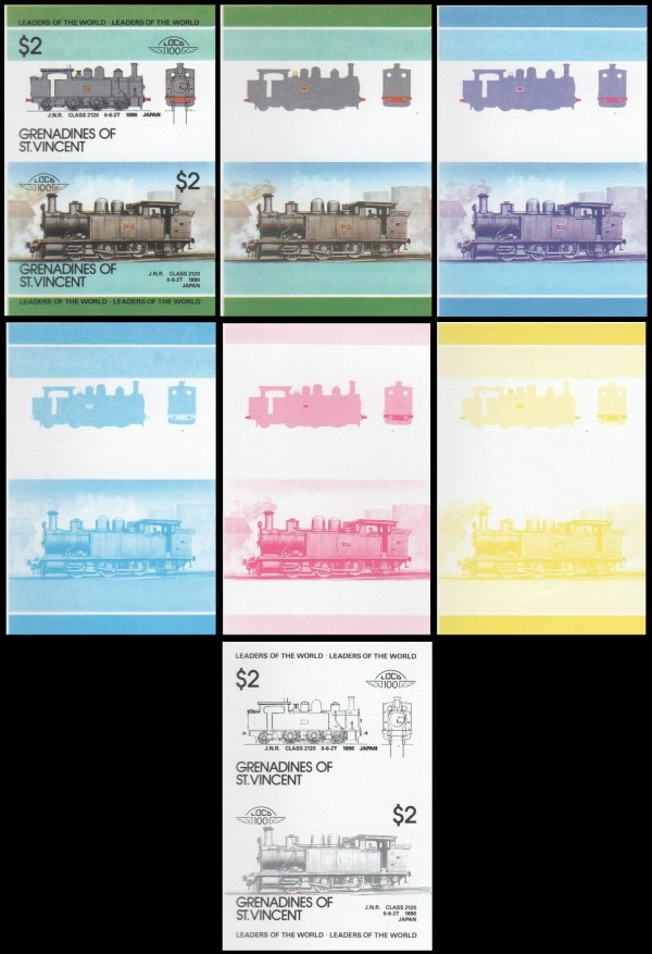 1985 Saint Vincent Grenadines Leaders of the World, Locomotives (5th series) Progressive Color Proof Stamps