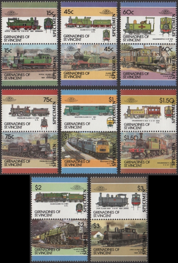 1986 Saint Vincent Grenadines Leaders of the World, Locomotives (6th series) SPECIMEN Overprinted Stamps