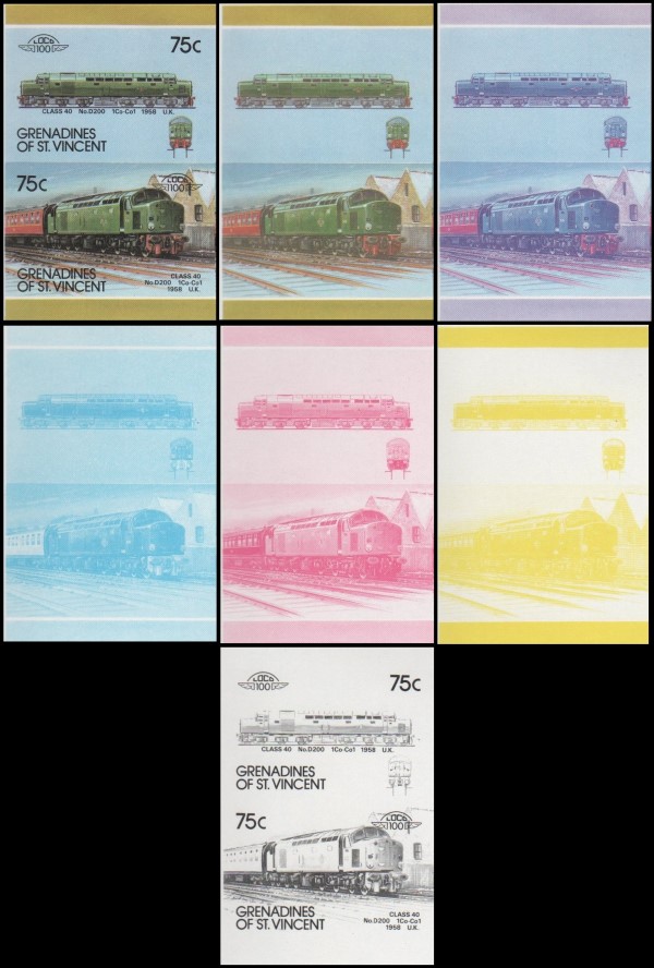 1987 Saint Vincent Grenadines Leaders of the World, Locomotives (7th series) Progressive Color Proof Stamps
