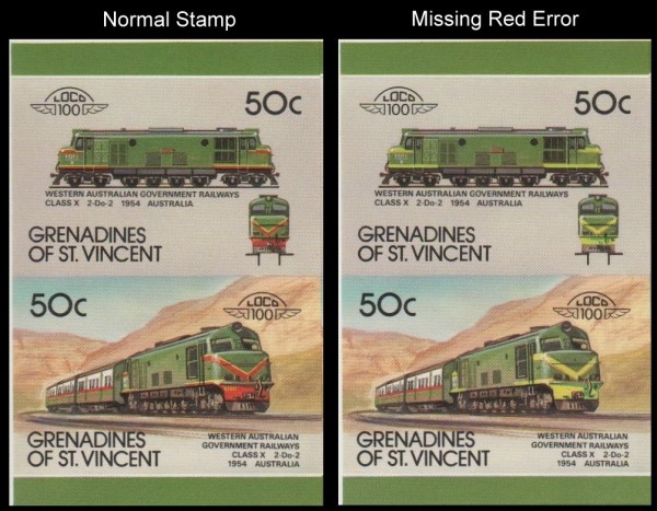 1987 Saint Vincent Grenadines Leaders of the World, Locomotives (8th series) Scott 317 Missing Red Error Stamp
