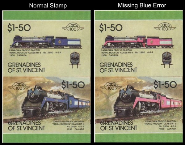 1987 Saint Vincent Grenadines Leaders of the World, Locomotives (8th series) Scott 338 Missing Blue Error Stamp