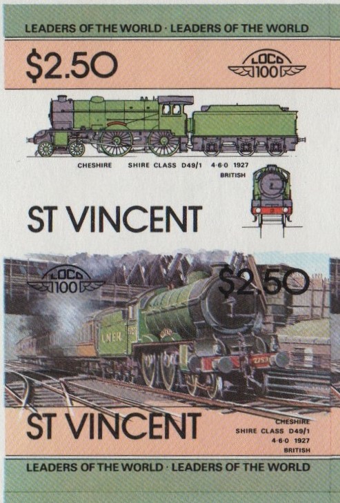 Saint Vincent Locomotives (1st series) $2.501927 Cheshire Shire Class D49/1 4-6-0 Final Stage Progressive Color Proof Stamp Pair