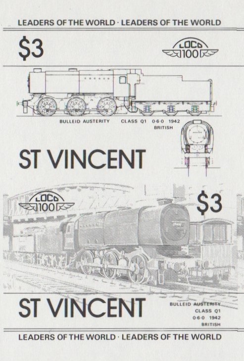 Saint Vincent Locomotives (1st series) $3 Black Stage Progressive Color Proof Pair