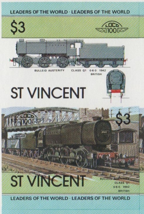 Saint Vincent Locomotives (1st series) $3 1942 Bulleid Austerity Class Q1 0-6-0 Final Stage Progressive Color Proof Stamp Pair