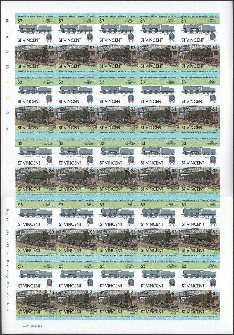 Saint Vincent Locomotives (1st series) $3 1942 Bulleid Austerity Class Q1 0-6-0 Final Stage Progressive Color Proof Stamp Pane