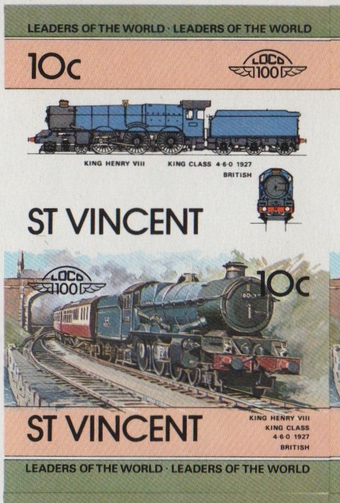Saint Vincent Locomotives (1st series) 10c 1927 King Henry VIII King Class 4-6-0 Scott 699 Final Stage Progressive Color Proof Stamp Pair