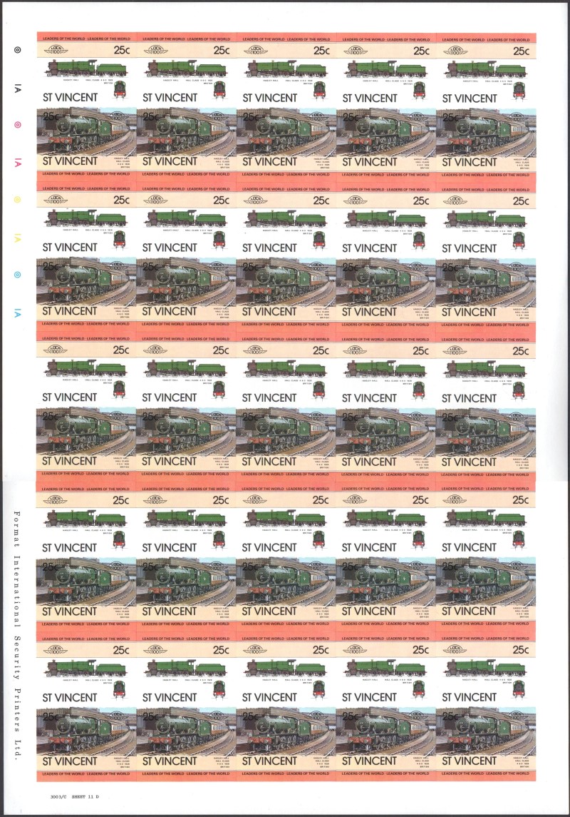 Saint Vincent Locomotives (1st series) 25c 1928 Hagley Hall Hall Class 4-6-0 Final Stage Progressive Color Proof Stamp Pane