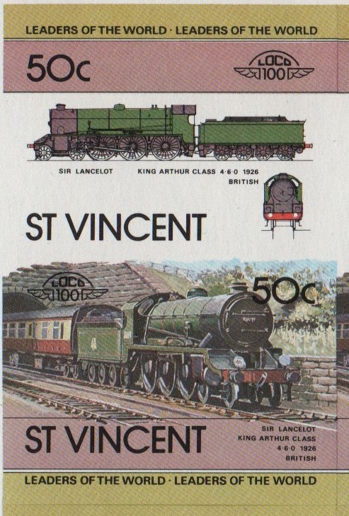 Saint Vincent Locomotives (1st series) 50c 1926 Sir Lancelot King Arthur Class 4-6-0 Final Stage Progressive Color Proof Stamp Pair