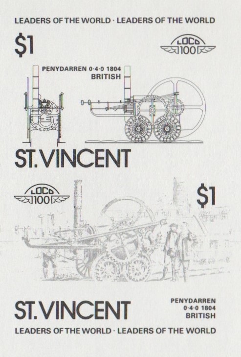 Saint Vincent Locomotives (2nd series) $1 Black Stage Progressive Color Proof Pair