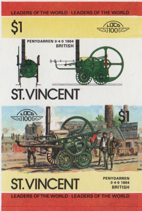 Saint Vincent Locomotives (2nd series) $1 1804 Penydarren 0-4-0 Final Stage Progressive Color Proof Stamp Pair