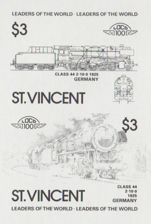 Saint Vincent Locomotives (2nd series) $3 Black Stage Progressive Color Proof Pair