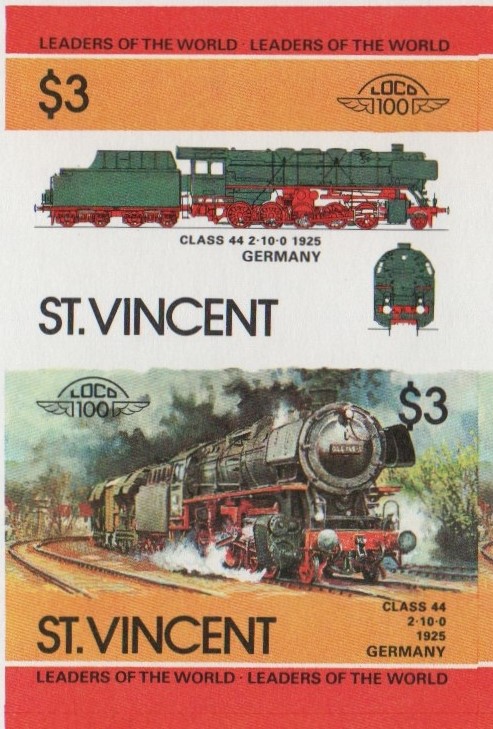 Saint Vincent Locomotives (2nd series) $3 1925 Class 44 2-10-0 Final Stage Progressive Color Proof Stamp Pair
