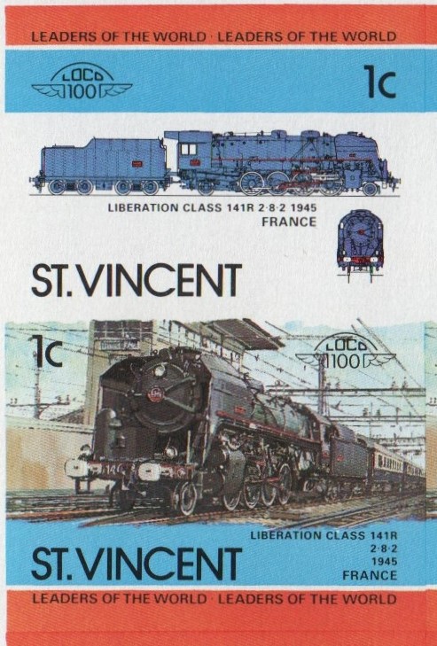 Saint Vincent Locomotives (2nd series) 1c 1945 Liberation Class 141R 2-8-2 Final Stage Progressive Color Proof Stamp Pair