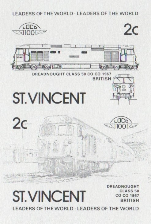 Saint Vincent Locomotives (2nd series) 2c Black Stage Progressive Color Proof Pair