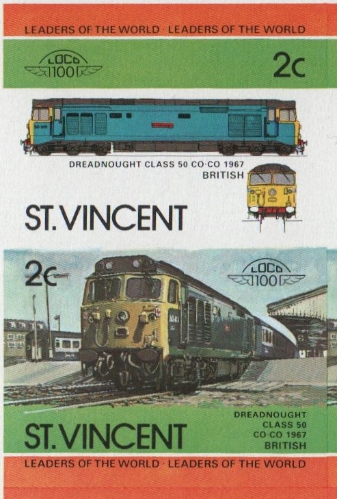 Saint Vincent Locomotives (2nd series) 2c 1967 Dreadnought Class 50 Co-Co Final Stage Progressive Color Proof Stamp Pair