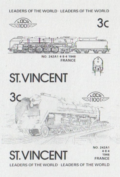 Saint Vincent Locomotives (2nd series) 3c Black Stage Progressive Color Proof Pair