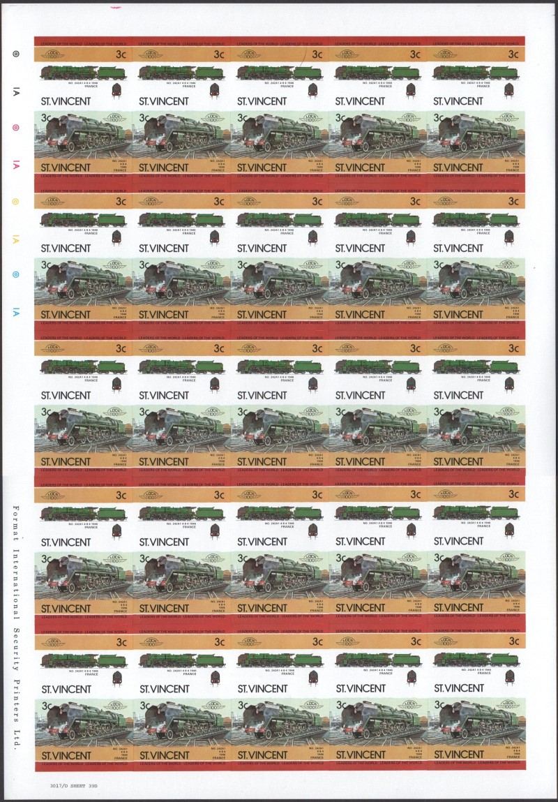 Saint Vincent Locomotives (2nd series) 3c 1946 No. 242A1 4-8-4 Final Stage Progressive Color Proof Stamp Pane