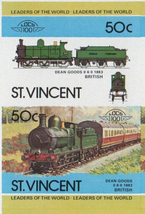 Saint Vincent Locomotives (2nd series) 50c 1893 Dean Goods 0-6-0 Missing Red Color Error Final Stage Progressive Color Proof Stamp Pair