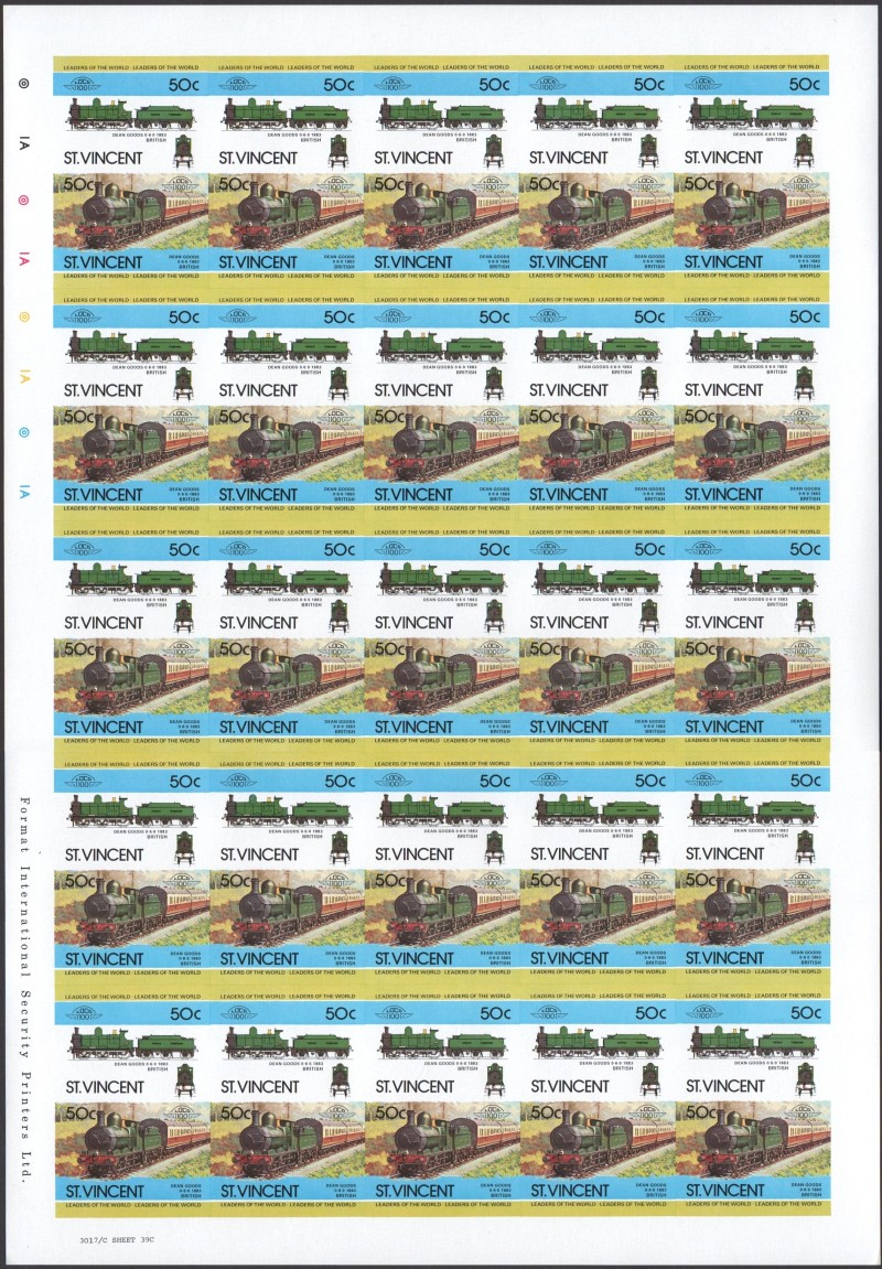 Saint Vincent Locomotives (2nd series) 50c 1893 Dean Goods 0-6-0 Missing Red Color Error Final Stage Progressive Color Proof Stamp Pane