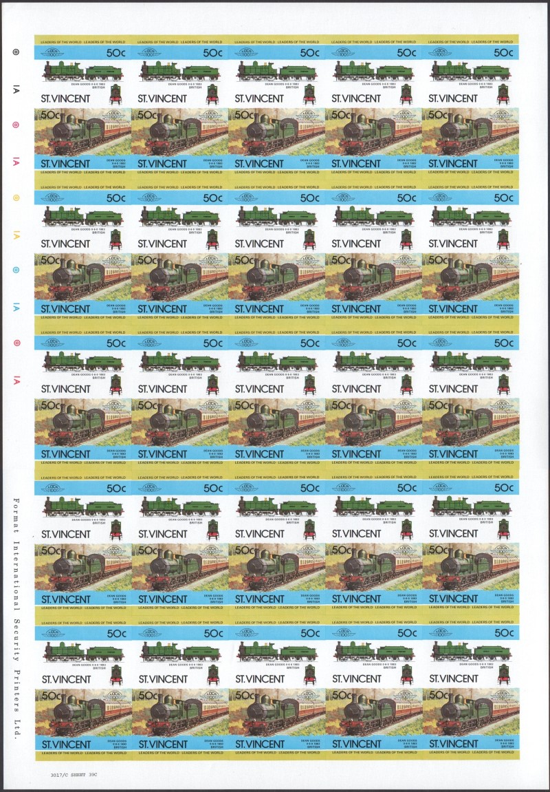 Saint Vincent Locomotives (2nd series) 50c 1893 Dean Goods 0-6-0 Normal Final Stage Progressive Color Proof Stamp Pane
