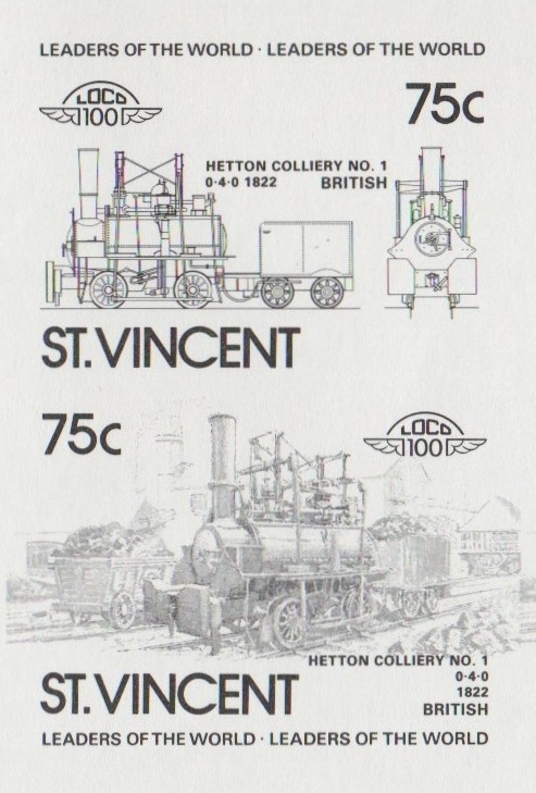 Saint Vincent Locomotives (2nd series) 75c Black Stage Progressive Color Proof Pair